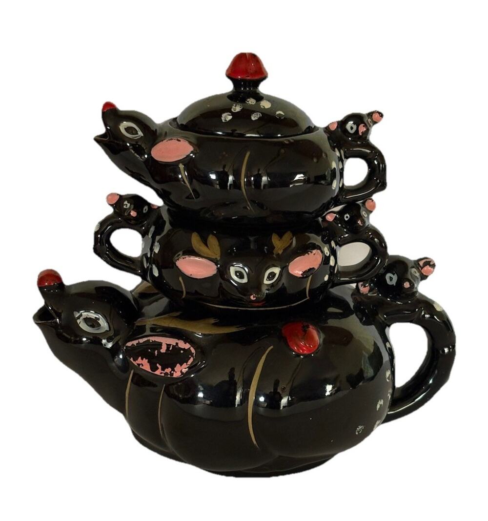 Vintage Redware Reindeer Stacking Tea Pot Creamer & Sugar Bowl Japan